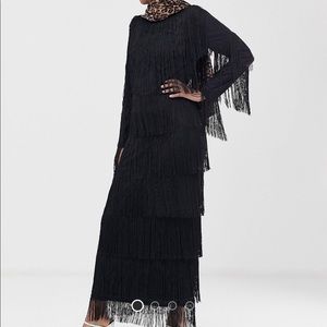 Black long sleeve modest fringe dress